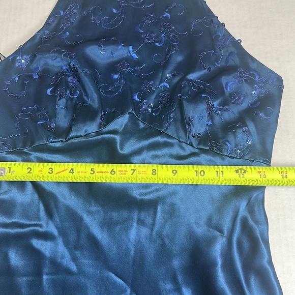 Zum Zum Teal Satin Halter Sequin Maxi Long Dress Womens Size 7/8 Vintage Prom - Picture 8 of 10
